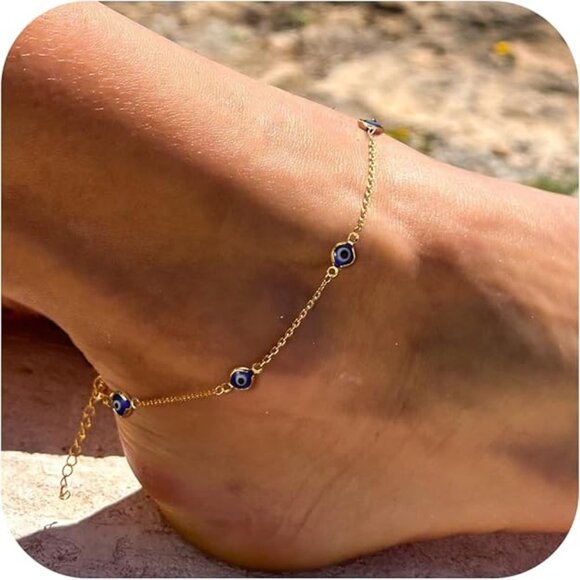 Evil Eye Anklet-GD Beaded Cuban Link Waterproof Adjustable  Anklet for Women - Picture 1 of 3